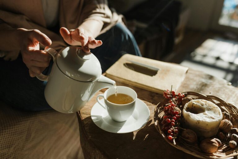 Morning micro-habit ritual with tea and journaling