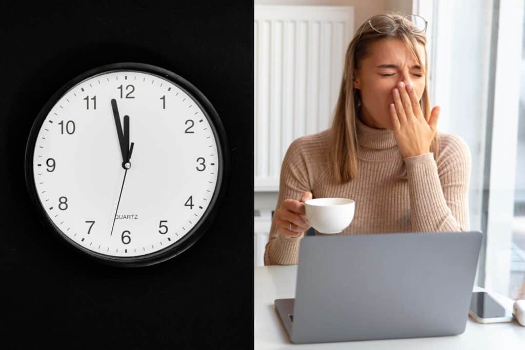 Clock showing late night and tired professional in morning, illustrating alcohol’s impact on energy.