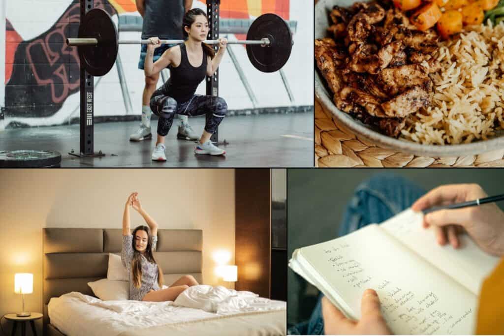 Collage showing varied workouts, plant-forward meals, pre-sleep stretches, and progress tracking.